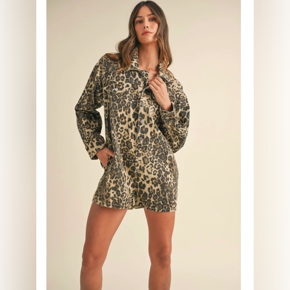 Leopard Print Denim Button Down Romper - Picture 3 of 7